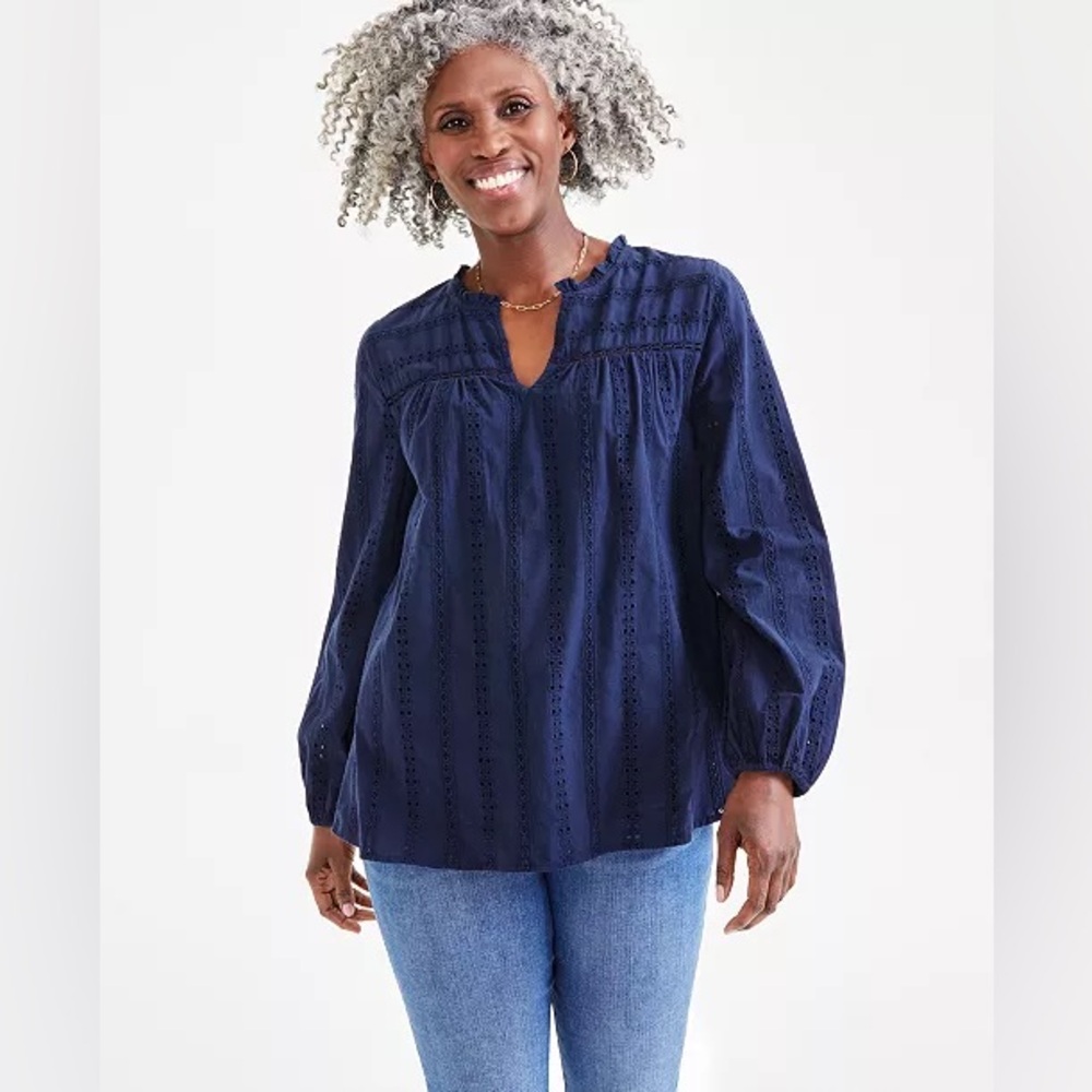 428M NWT Style & Co Women's Cotton Eyelet Split-Neck Top - Size: Small‎
